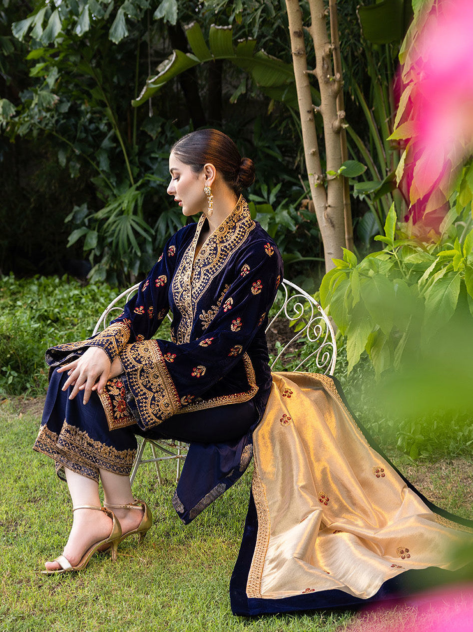 VELVET 3PC EMBROIDERED SHIRT ORGANZA EMBORIDED DUPATA AND SILK TROUSER 625-RR