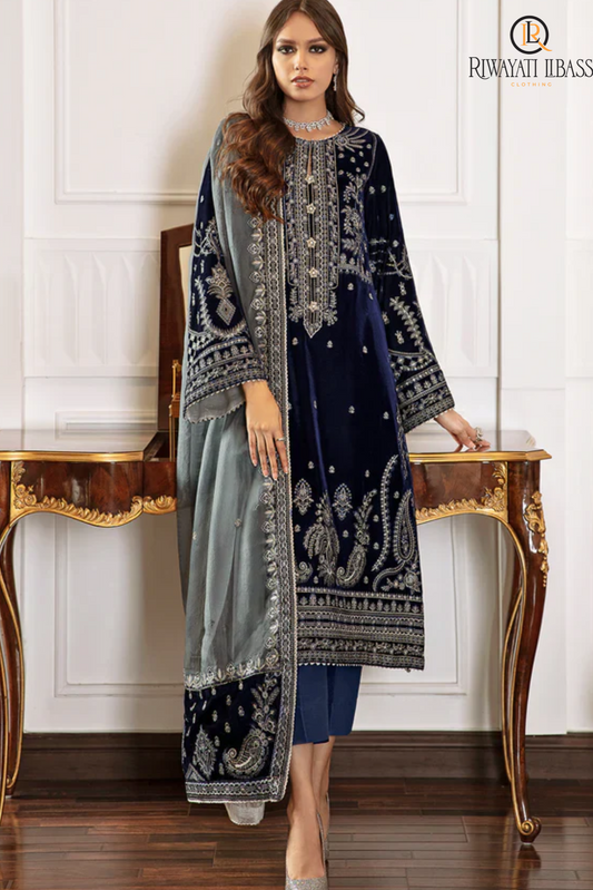 VELVET 3PC SHIRT EMBROIDERED ORGANZA EMBROIDERED DUPATA SILK TROUSER 610-RR