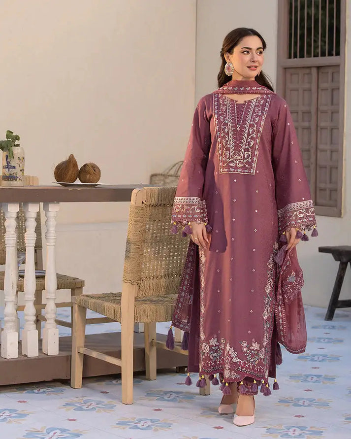 3PC DHANAK EMBROIDERED SHIRT WITH DHANAK (DAMAN-PATCH) EMBROIDERED SHAWL AND PLAIN TROUSE