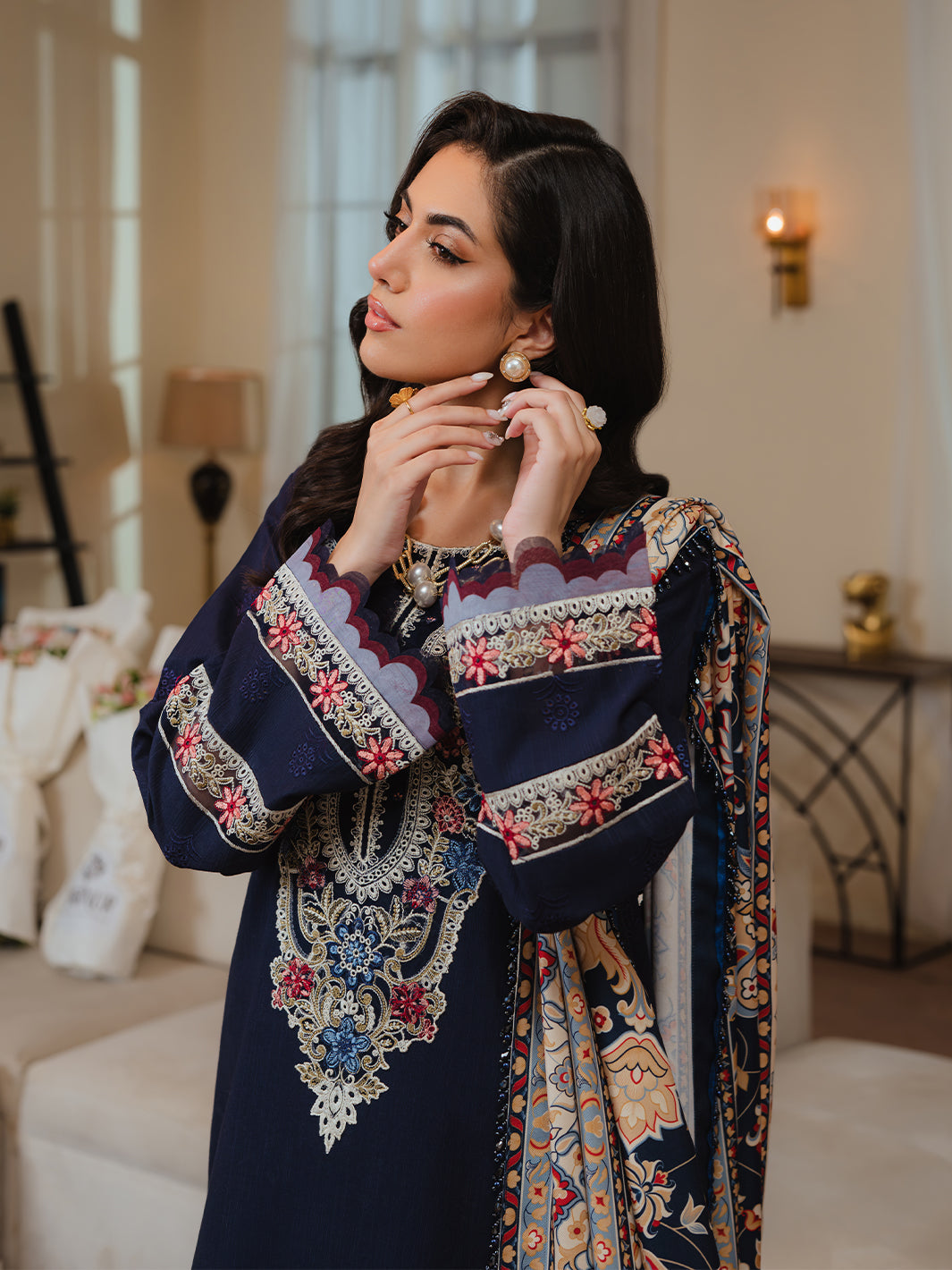 3PC DHANAK CHIKENKARI EMBROIDERED SHIRT PRINTED WOOL SHAWL AND PLAIN TROUSER 980 RR