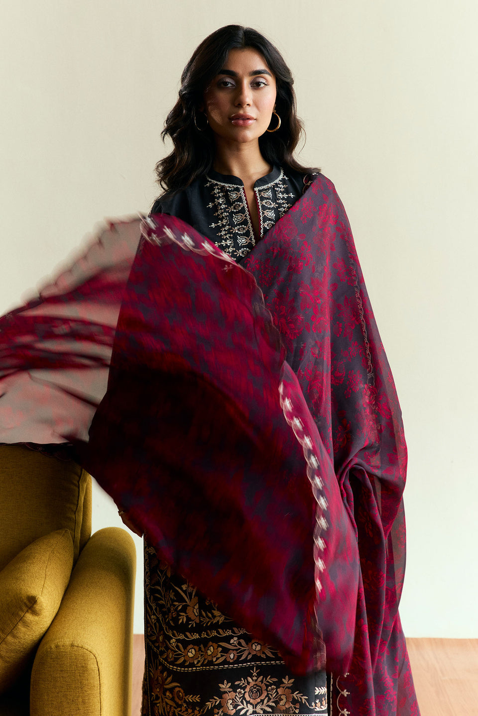 3PC DHANAK EMBROIDERED SHIRT WITH DHANAK (DAMAN-PATCH) PRIMTED WOOLEN SHAWL AND PLAIN TROUSE