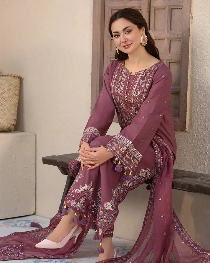 3PC DHANAK EMBROIDERED SHIRT WITH DHANAK (DAMAN-PATCH) EMBROIDERED SHAWL AND PLAIN TROUSE