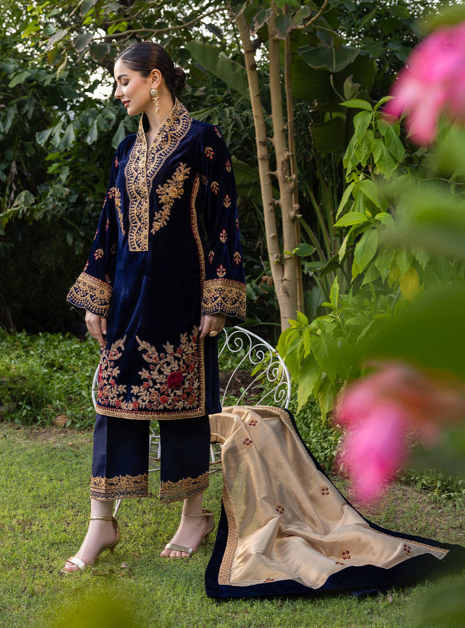 VELVET 3PC EMBROIDERED SHIRT ORGANZA EMBORIDED DUPATA AND SILK TROUSER 616-RR