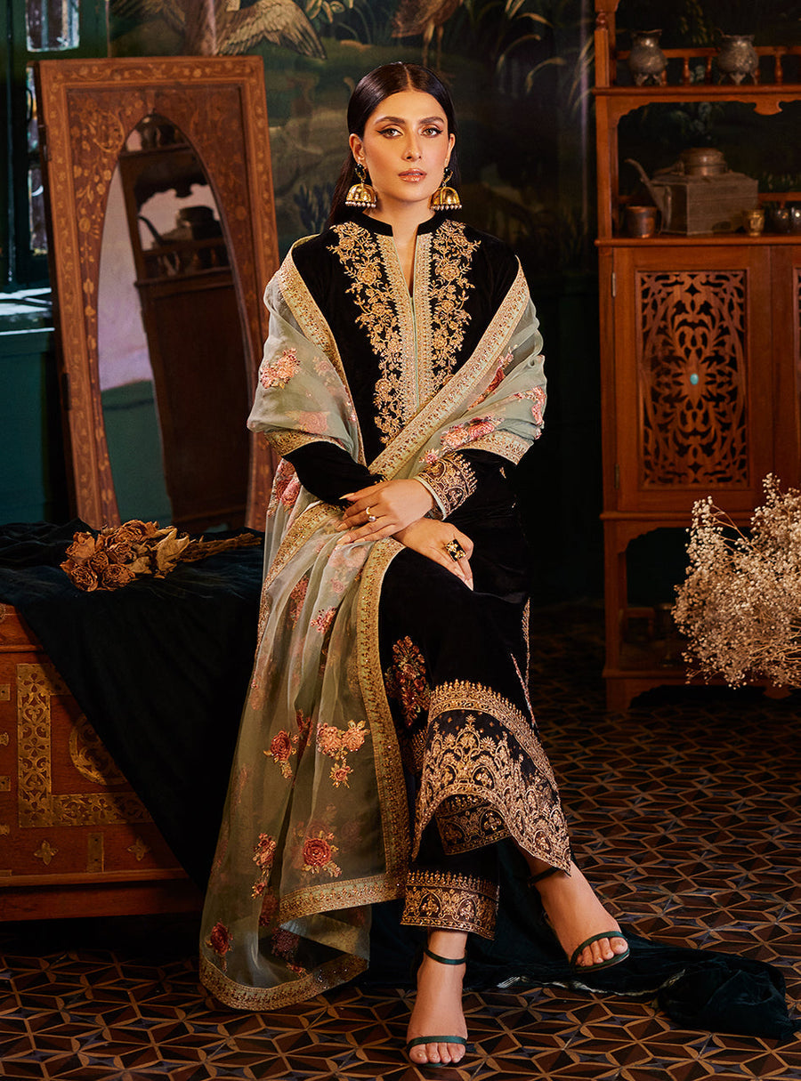 VELVET 3PC SHIRT EMBROIDERED ORGANZA EMBROIDERED PRINTED DUPATA SILK TROUSER 604-RR