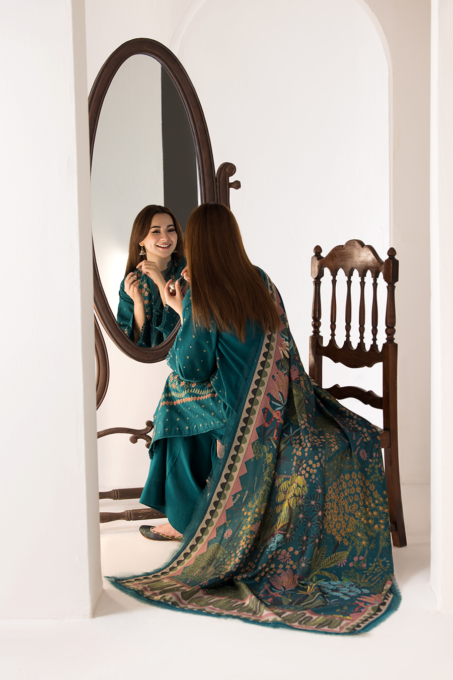 3PC DHANAK EMBROIDERED SHIRT WITH DHANAK (DAMAN-PATCH) PRINTED WOOLEN SHAWL AND PLAIN TROUSE