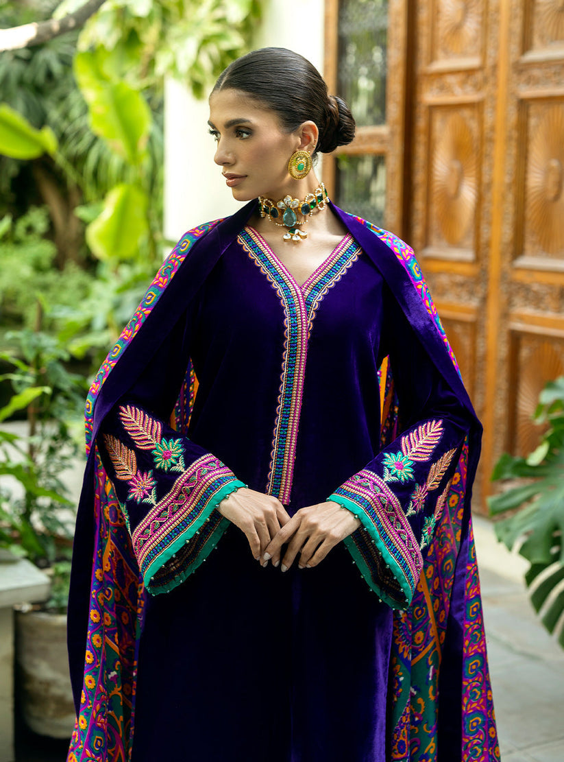 VELVET 3PC SHIRT EMBROIDERED PRINTED KARANDI SHAWL AND SILK TROUSER    609-RR