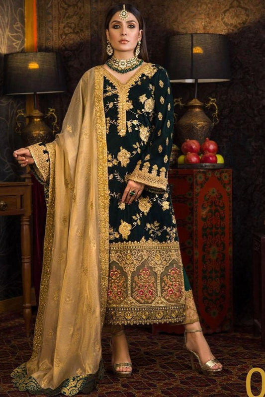 VELVET 3PC EMBROIDERED SHIRT ORGANZA EMBORIDED DUPATA AND SILK TROUSER 617-RR