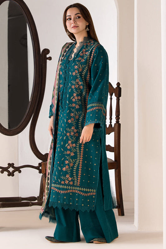 3PC DHANAK EMBROIDERED SHIRT WITH DHANAK (DAMAN-PATCH) PRINTED WOOLEN SHAWL AND PLAIN TROUSE