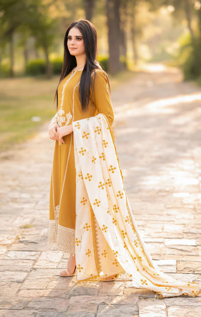 DHANAK 3PC EMBROIDERED SHIRT AND EMBORIDED DANAK SHAWL WITH PLAIN TROUSER 083-RR