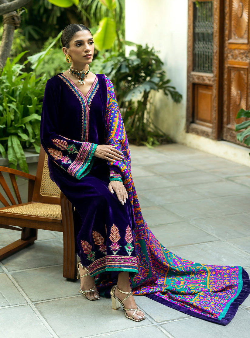 VELVET 3PC SHIRT EMBROIDERED PRINTED KARANDI SHAWL AND SILK TROUSER    609-RR