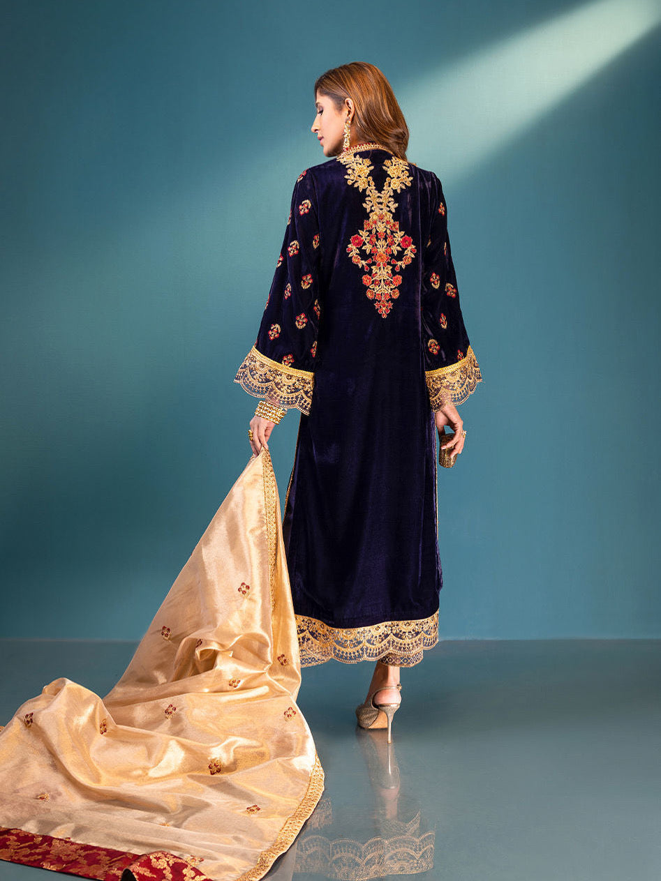 VELVET 3PC EMBROIDERED SHIRT ORGANZA EMBORIDED DUPATA AND SILK TROUSER 625-RR
