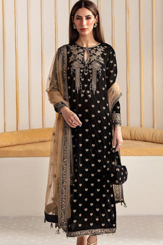 VELVET 3PC EMBROIDERED SHIRT ORGANZA EMBORIDED DUPATA AND SILK TROUSER 620-RR