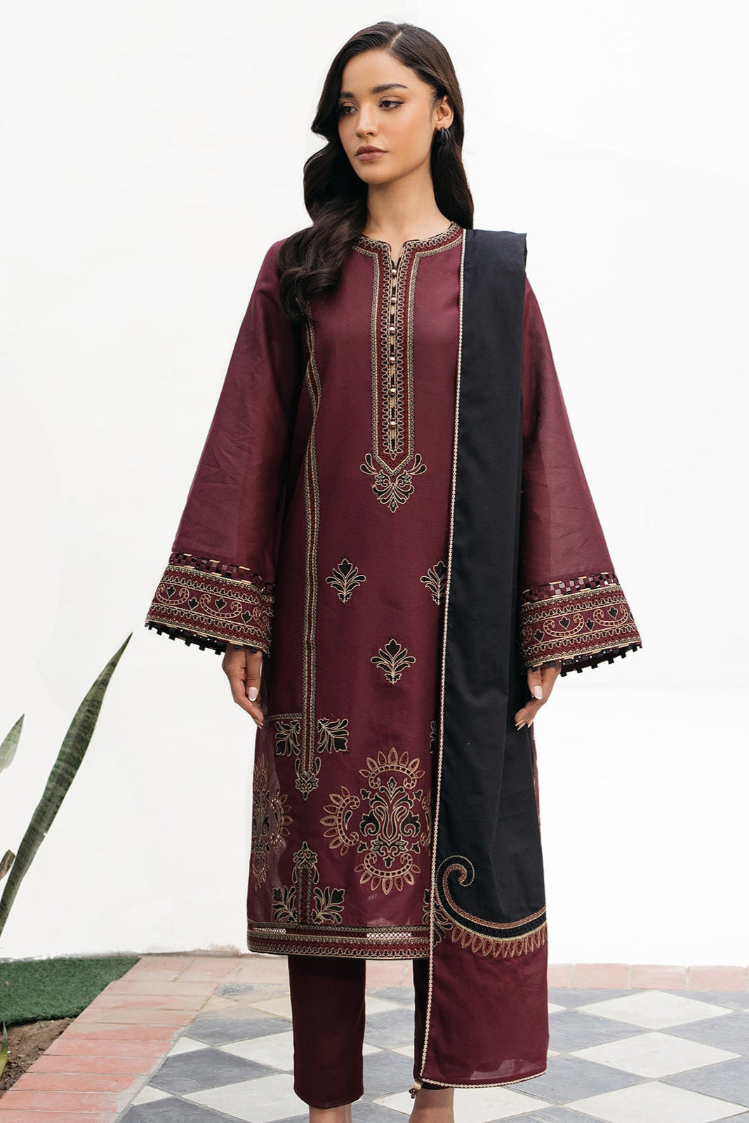 3PC DANAK EMBROIDERED SHIRT AND PRINTED WOOL SHAWL AND PLAIN TROUSER 746-RR
