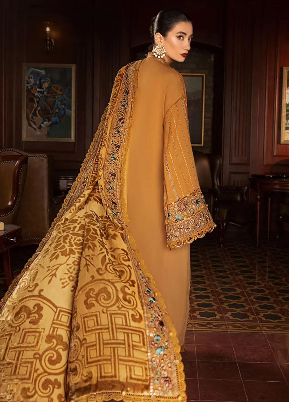 3PC DHANAK EMBROIDERED SHIRT PRINTED WOOL SHAWL AND PLAIN TROUSE 665-RR