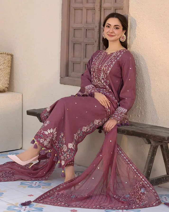 3PC DHANAK EMBROIDERED SHIRT WITH DHANAK (DAMAN-PATCH) EMBROIDERED SHAWL AND PLAIN TROUSE