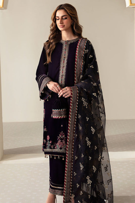 VELVET 3PC EMBROIDERED SHIRT ORGANZA EMBORIDED DUPATA AND SILK TROUSER 622-QQ