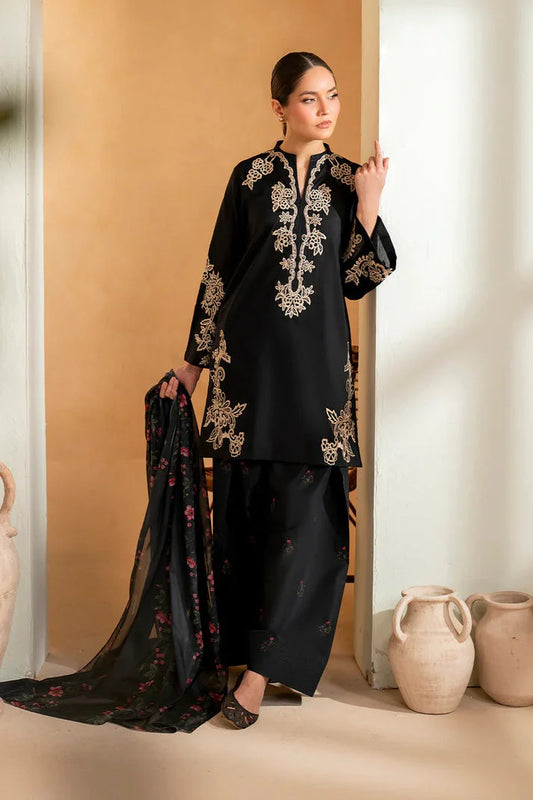 LAWN 3PC EMBROIDERED SHIRT PLAIN TROUSER (D-PATCH) PRINTED DUPATA D-1076