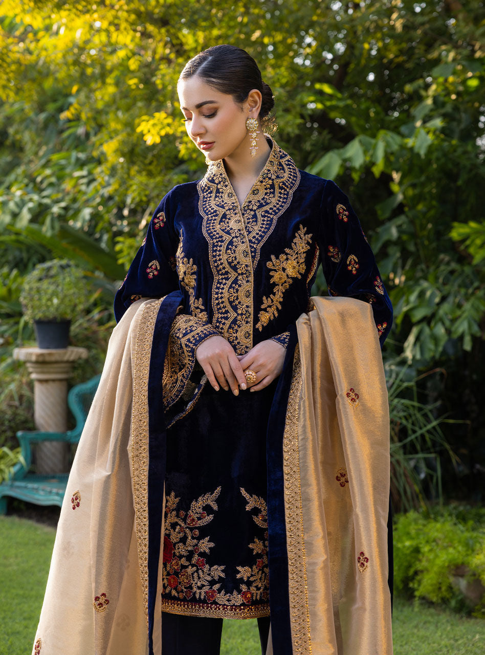 VELVET 3PC EMBROIDERED SHIRT ORGANZA EMBORIDED DUPATA AND SILK TROUSER 616-RR