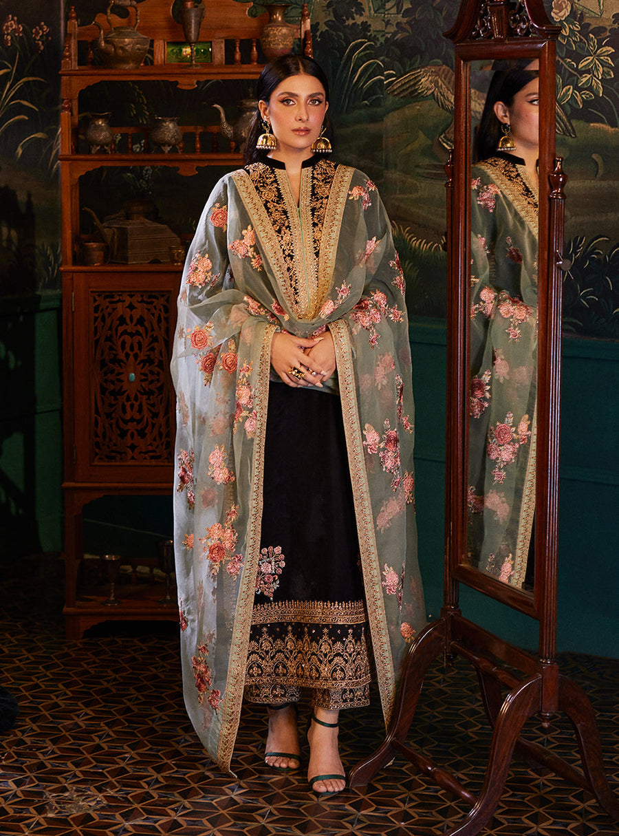 VELVET 3PC SHIRT EMBROIDERED ORGANZA EMBROIDERED PRINTED DUPATA SILK TROUSER 604-RR