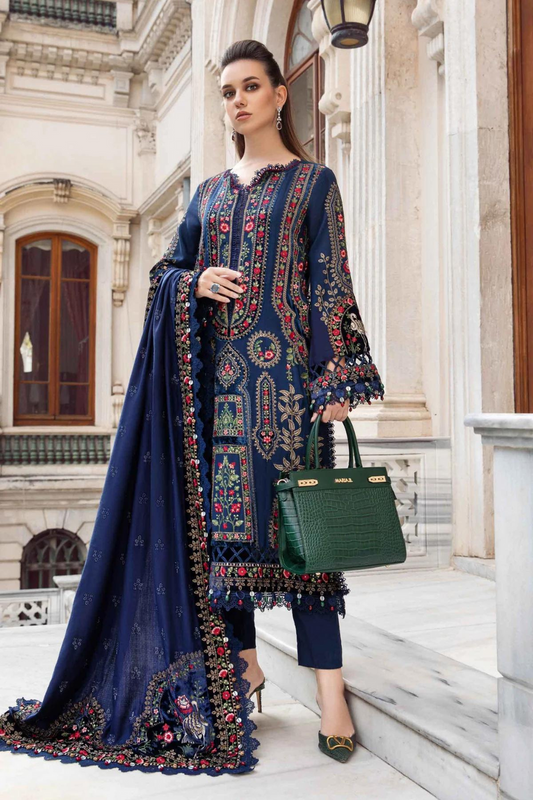 3PC DANAK EMBROIDERED SHIRT,APPLIQUÉ VELVET SLEEVES, APPLIQUÉ VELEVT SHAWL DANAK AND PLAIN TROUSER 8738-RR