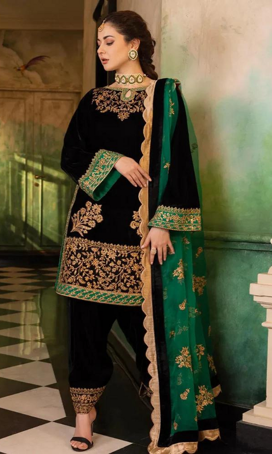 VELVET 3PC SHIRT EMBROIDERED ORGANZA EMBROIDERED DUPATA SILK TROUSER 612-RR