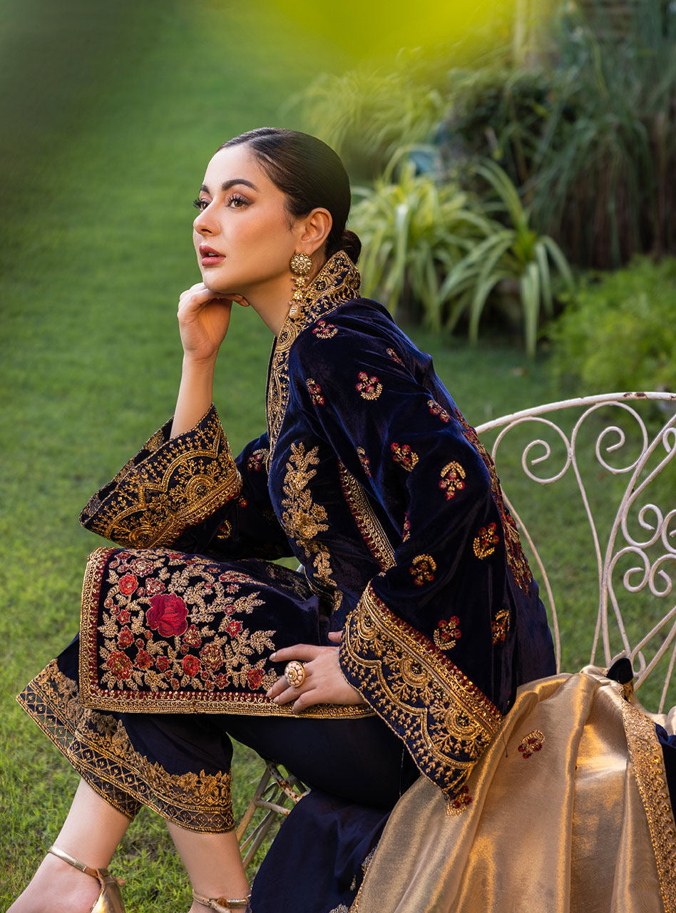 VELVET 3PC EMBROIDERED SHIRT ORGANZA EMBORIDED DUPATA AND SILK TROUSER 616-RR