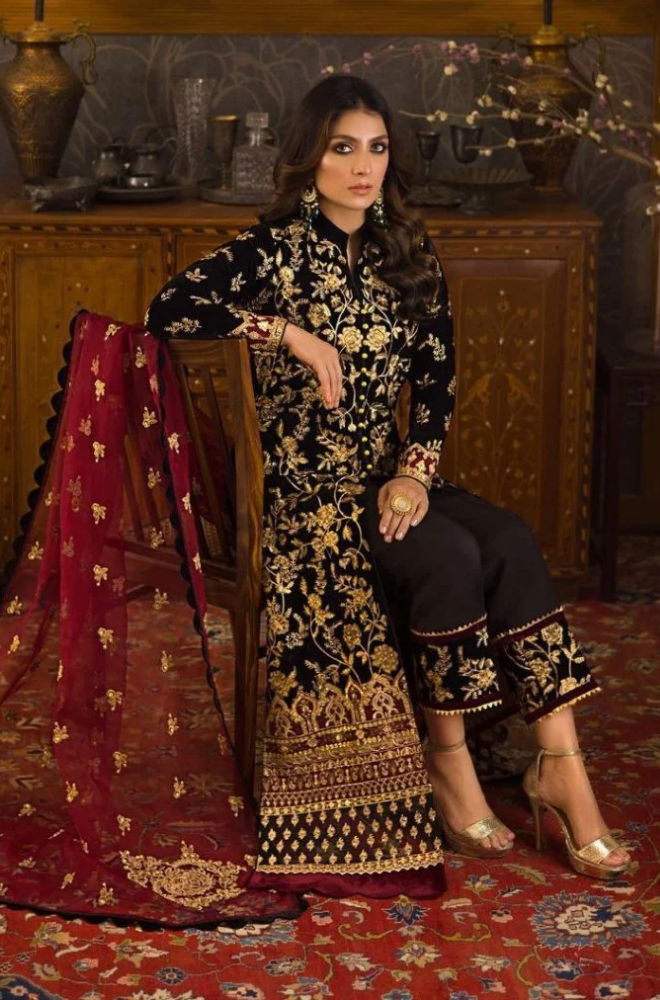 VELVET 3PC EMBROIDERED SHIRT ORGANZA EMBORIDED DUPATA AND SILK TROUSER 627-RR