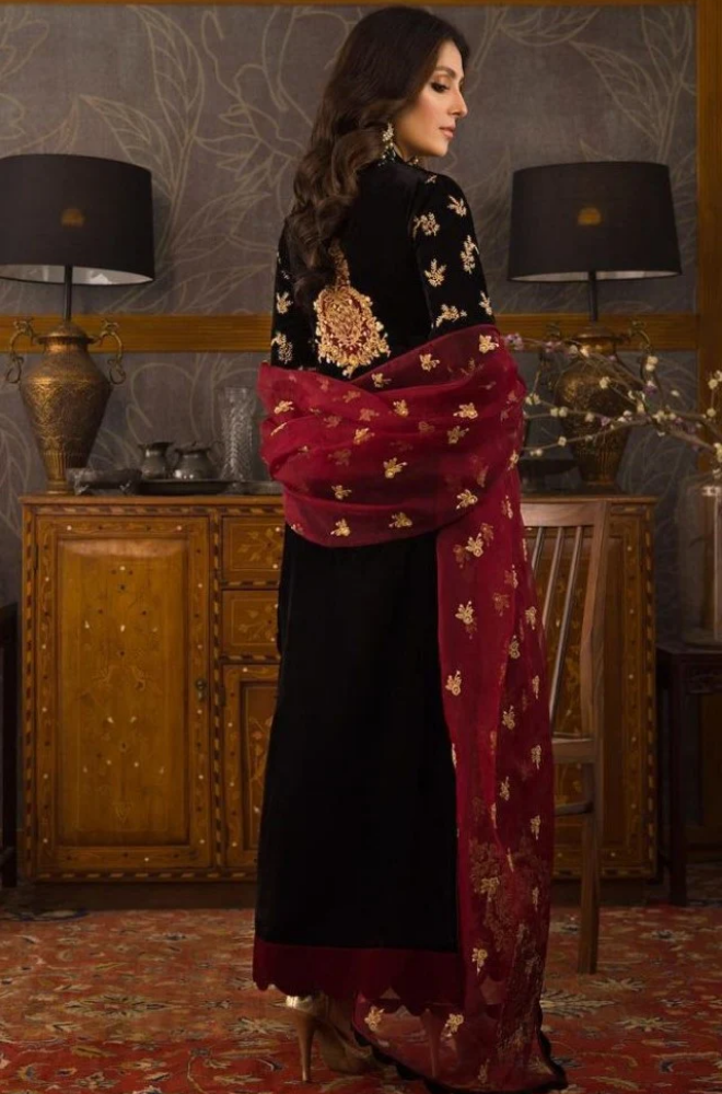 VELVET 3PC EMBROIDERED SHIRT ORGANZA EMBORIDED DUPATA AND SILK TROUSER 627-RR