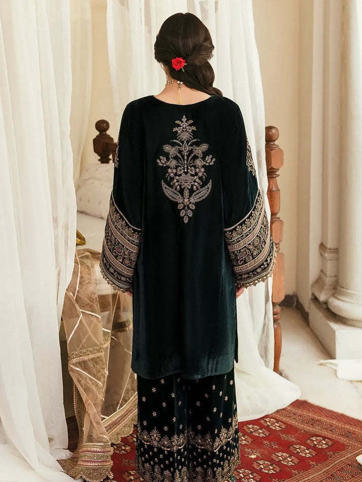 VELVET 3PC EMBROIDERED SHIRT ORGANZA EMBORIDED DUPATA AND SILK TROUSER 618-RR