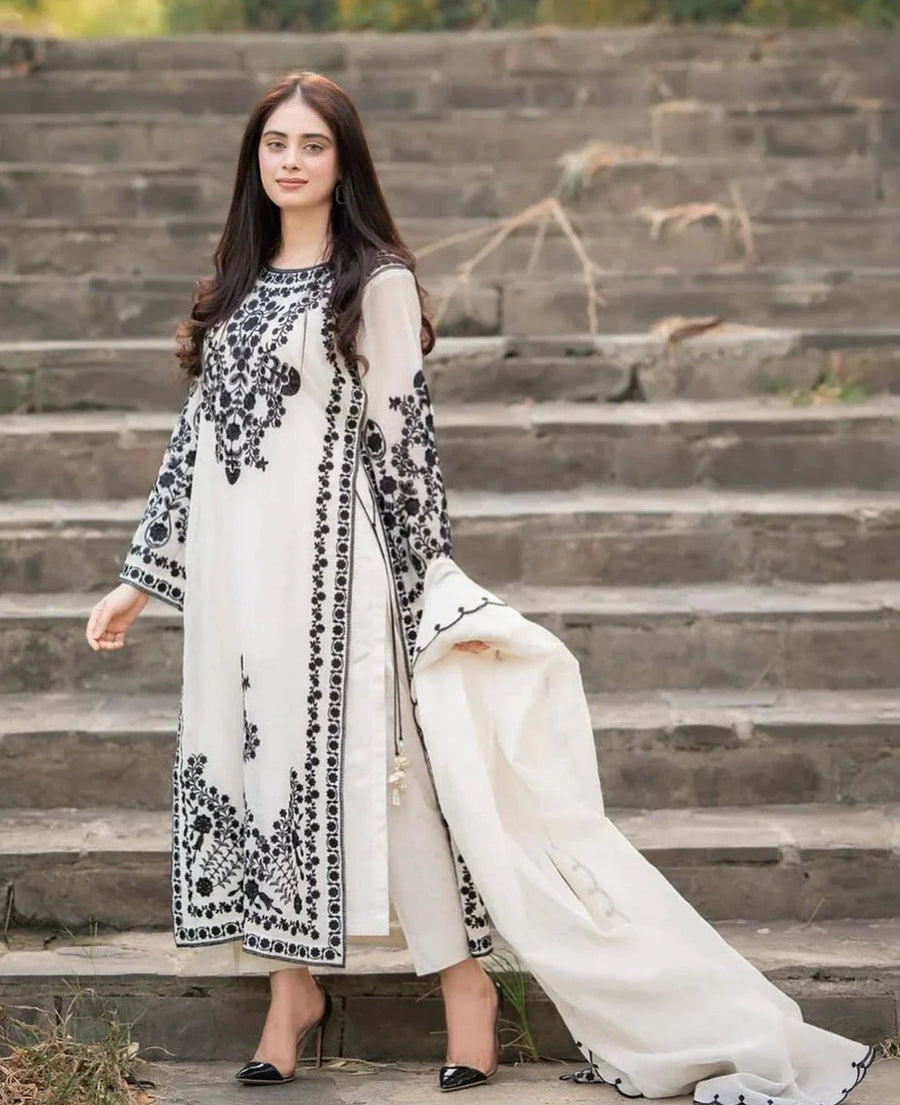 3PC DHANAK EMBROIDERED SHIRT WITH DHANAK (DAMAN-PATCH) EMBROIDERED SHAWL AND PLAIN TROUSE