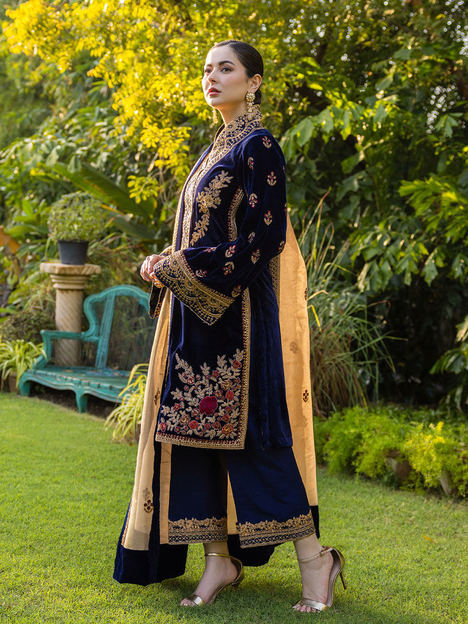 VELVET 3PC EMBROIDERED SHIRT ORGANZA EMBORIDED DUPATA AND SILK TROUSER 625-RR