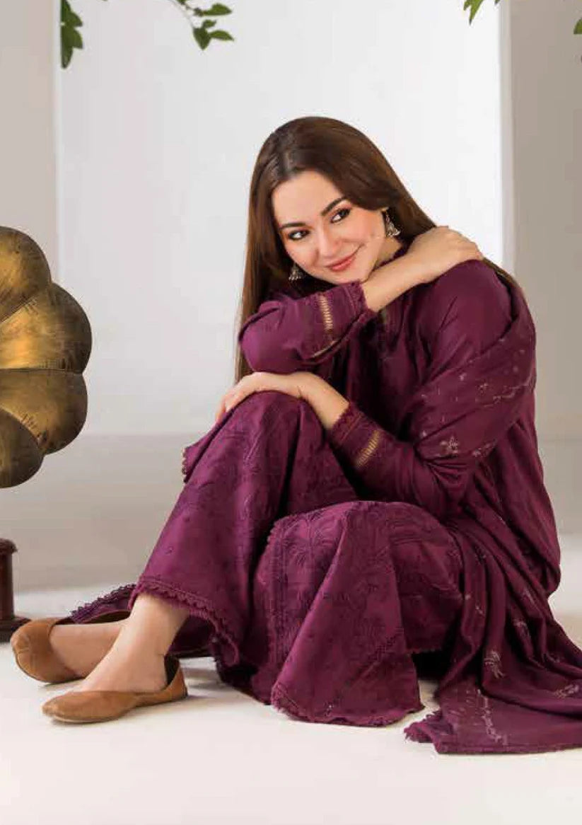 3PC DHANAK EMBROIDERED SHIRT , EMBORIDED DANAK SHAWL AND PLAIN TROUSER - 1091