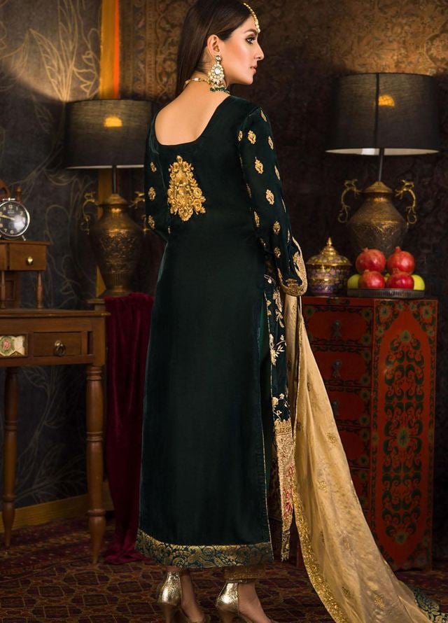VELVET 3PC EMBROIDERED SHIRT ORGANZA EMBORIDED DUPATA AND SILK TROUSER 617-RR