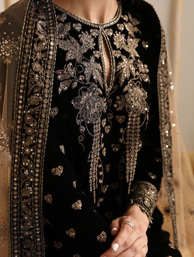 VELVET 3PC EMBROIDERED SHIRT ORGANZA EMBORIDED DUPATA AND SILK TROUSER 620-RR
