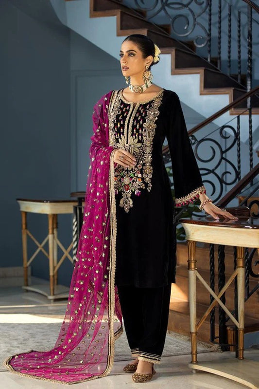 VELVET 3PC EMBROIDERED SHIRT ORGANZA EMBORIDED DUPATA AND SILK TROUSER 627-RR