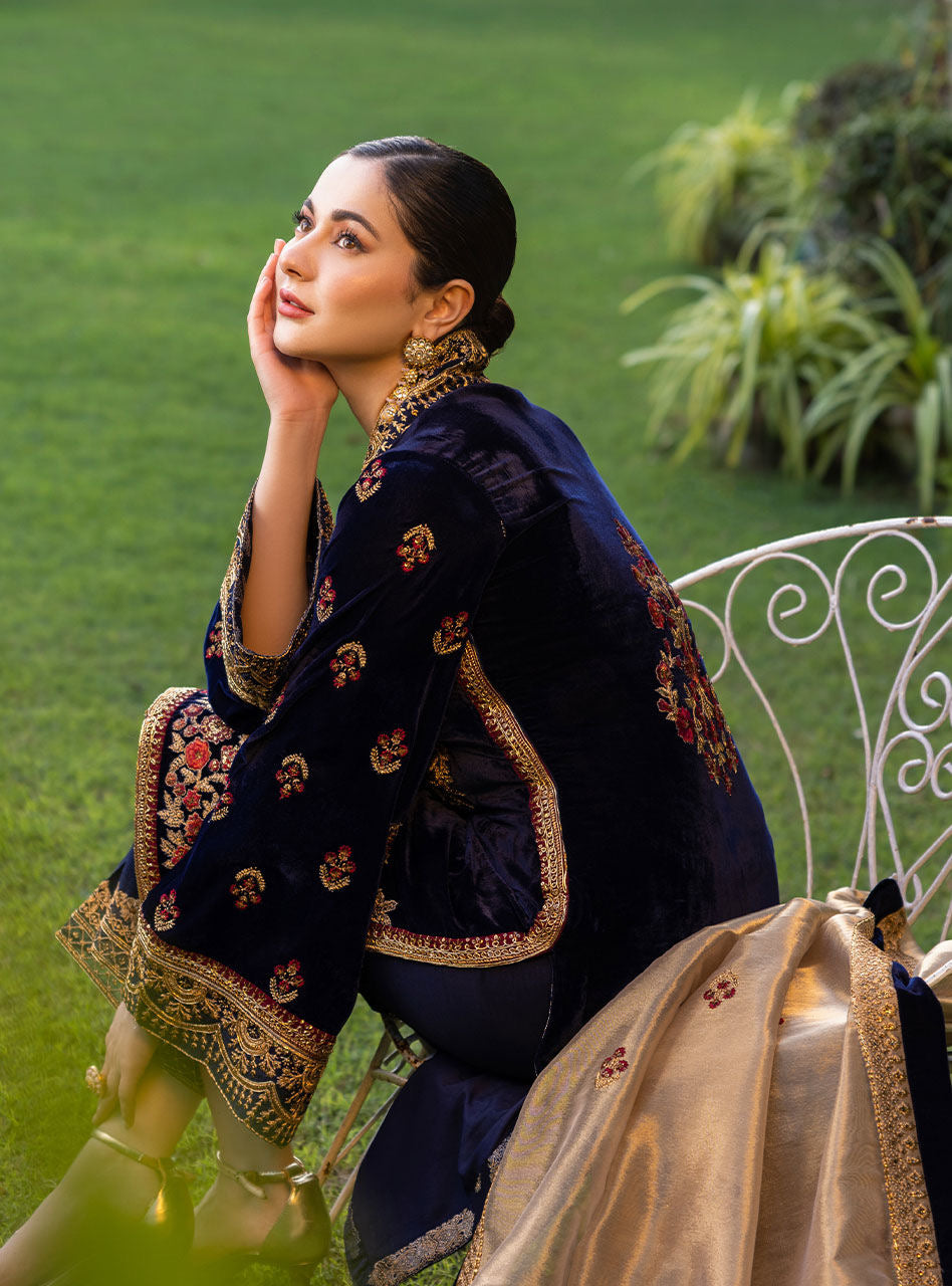 VELVET 3PC EMBROIDERED SHIRT ORGANZA EMBORIDED DUPATA AND SILK TROUSER 616-RR