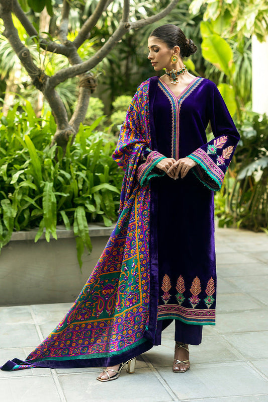 VELVET 3PC SHIRT EMBROIDERED PRINTED KARANDI SHAWL AND SILK TROUSER    609-RR