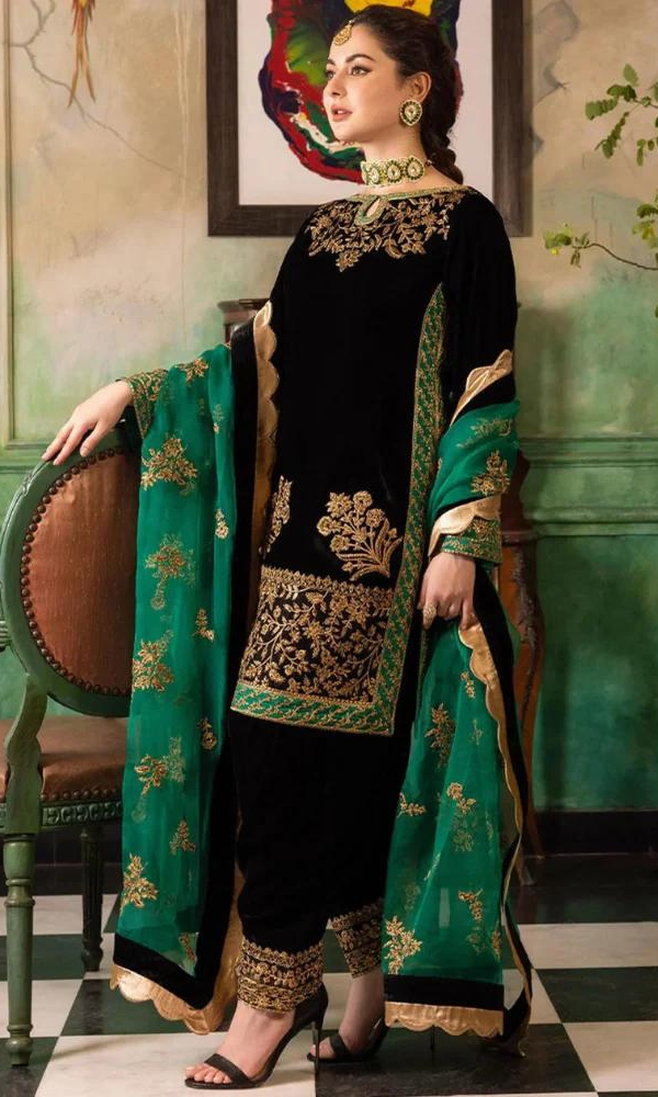 VELVET 3PC SHIRT EMBROIDERED ORGANZA EMBROIDERED DUPATA SILK TROUSER 612-RR