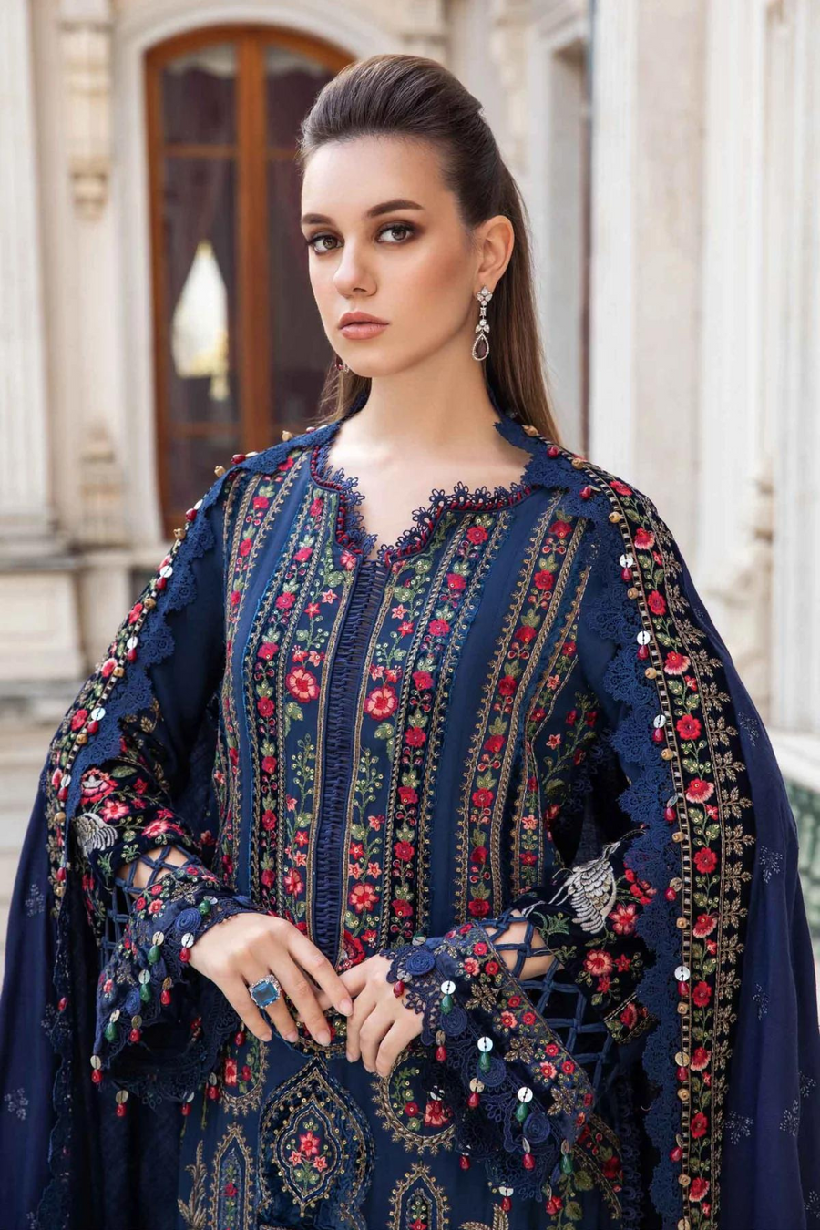 3PC DANAK EMBROIDERED SHIRT,APPLIQUÉ VELVET SLEEVES, APPLIQUÉ VELEVT SHAWL DANAK AND PLAIN TROUSER 8738-RR