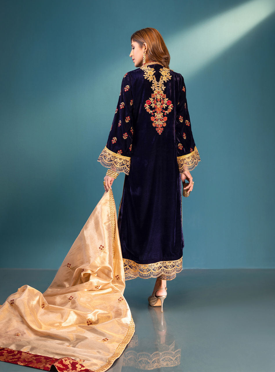 VELVET 3PC SHIRT EMBROIDERED JAMA-WAR DUPATA SILK TROUSER 602-RR