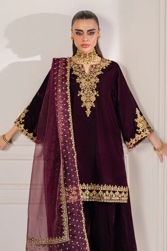 VELVET 3PC SHIRT EMBROIDERED ORGANZA EMBROIDERED DUPATA AND VELVET TROUSER 601-RR