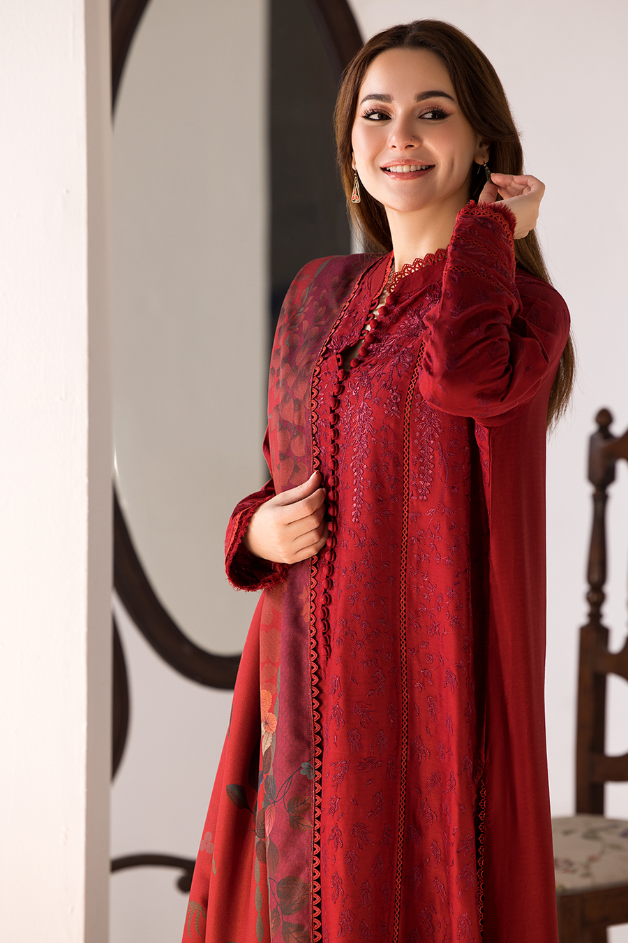 3PC DANAK EMBORIDED SHIRT WITH PRINTED WOOL SHAWL AND PLAIN TROUSER 848-RR