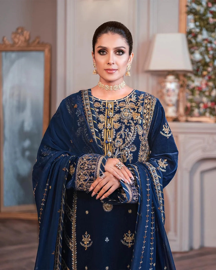 VELVET 3PC EMBROIDERED SHIRT ORGANZA EMBORIDED DUPATA AND SILK TROUSER 619-RR
