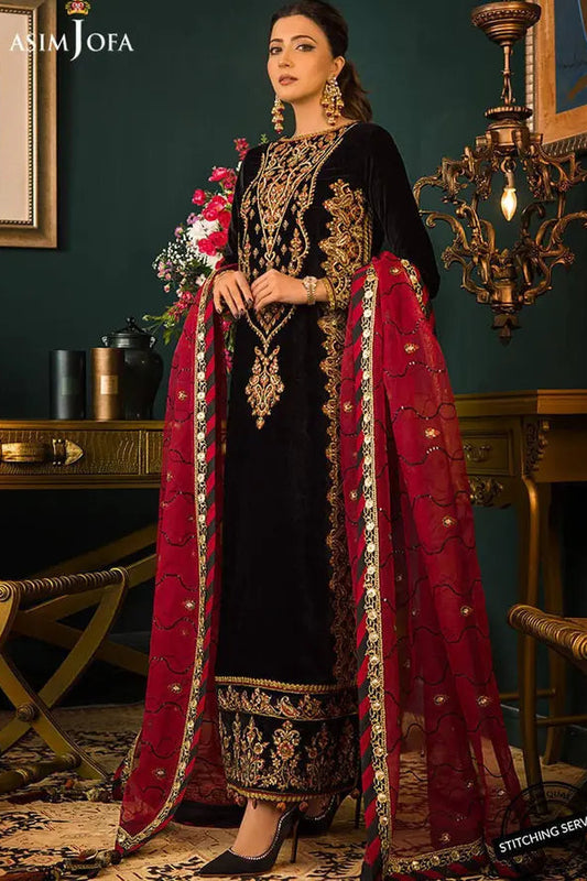 VELVET 3PC EMBROIDERED SHIRT ORGANZA EMBORIDED DUPATA AND SILK TROUSER 629-RR