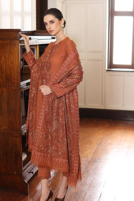 3PC DHANAK EMBROIDERED DRESS WITH HEAVY DANAK EMBORIDED SHAWL AND PLAIN TROUSER 677-RR