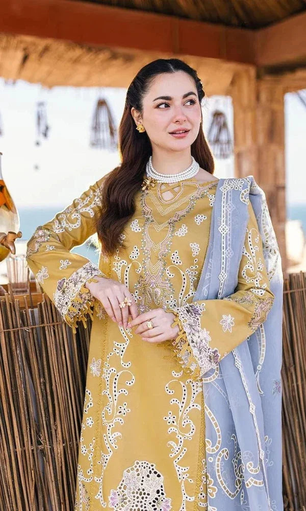 3PC DHANAK CHIKENKARI EMBROIDERED SHIRT AND EMBORIDED DANAK SHAWL WITH PLAIN TROUSER 767-RR