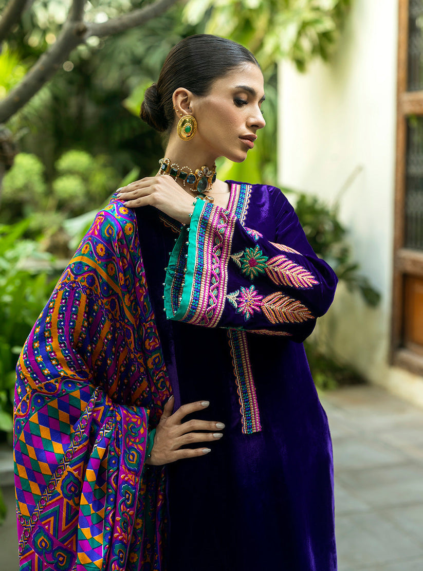 VELVET 3PC SHIRT EMBROIDERED PRINTED KARANDI SHAWL AND SILK TROUSER    609-RR