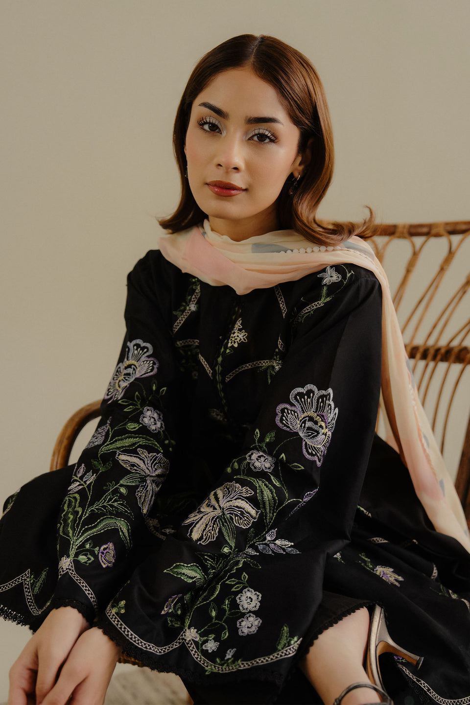 3PC DHANAK EMBROIDERED SHIRT AND PRINTED WOOL SHAWL WITH PLAIN TROUSER 778-RR