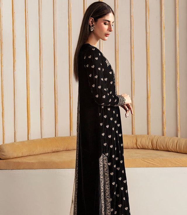 VELVET 3PC EMBROIDERED SHIRT ORGANZA EMBORIDED DUPATA AND SILK TROUSER 620-RR