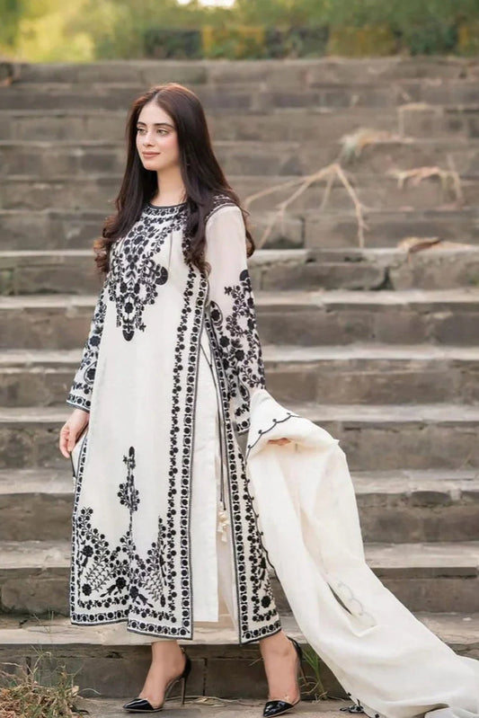 3PC DHANAK EMBROIDERED SHIRT WITH DHANAK (DAMAN-PATCH) EMBROIDERED SHAWL AND PLAIN TROUSE